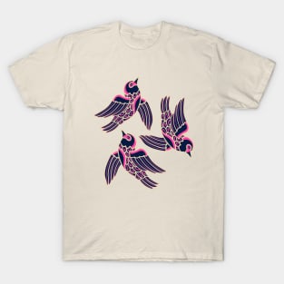 BIRDS FLYING HIGHER Cute Aspirational Hopeful Birds Nature Wildlife in Fuchsia Pink Cream Dark Blue - UnBlink Studio by Jackie Tahara T-Shirt